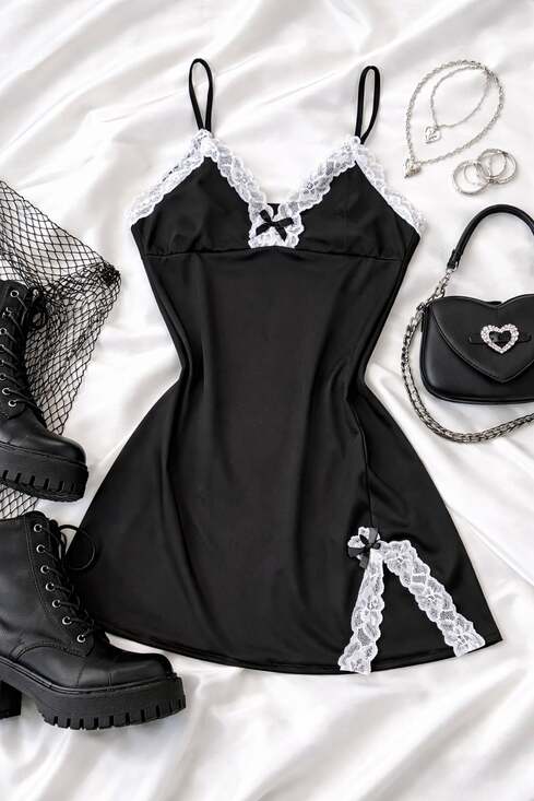 Y2K Black Lace Trim Slip Dress Mini Goth Coquette Babydoll Grunge Fairycore - Picture 2 of 7